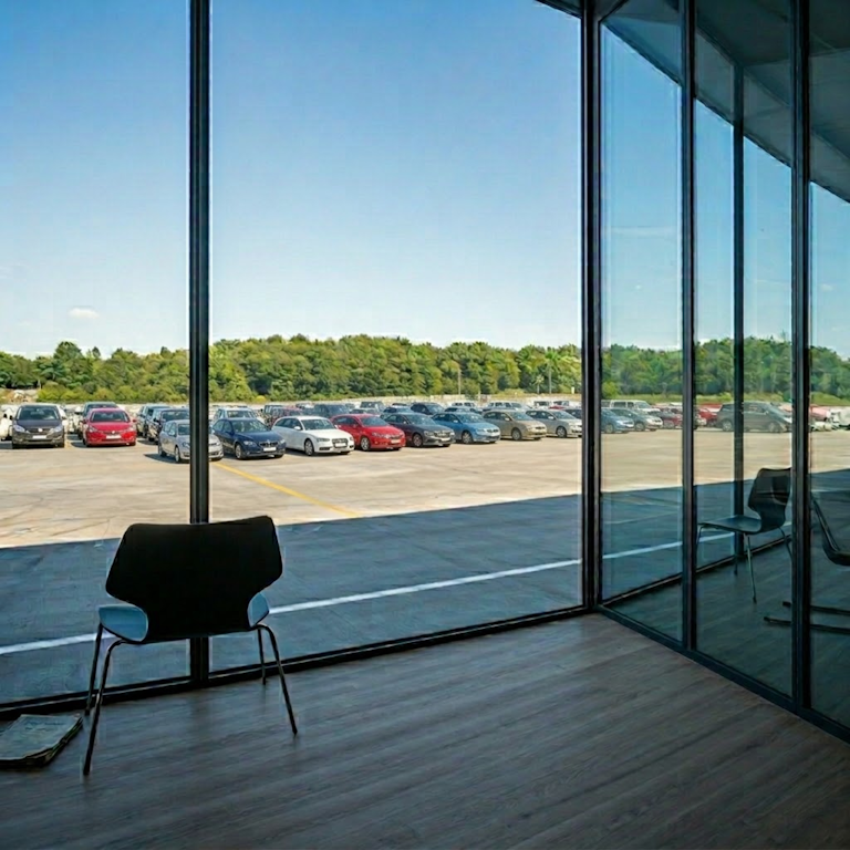 Moderner Büroraum mit Blick auf eine Fahrzeugflotte